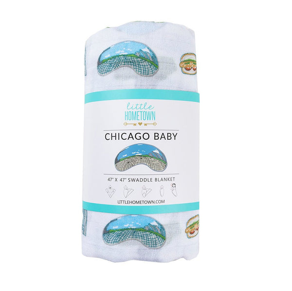 Gift Set: Chicago Baby Muslin Swaddle Blanket and Burp Cloth/Bib Combo Baby Shower Essential for Newborn