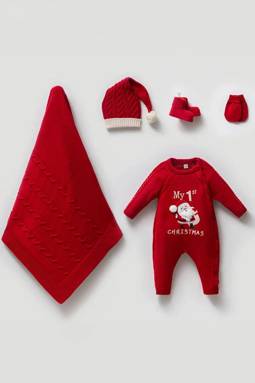 Baby Santa Christmas outfit set for newborns, 5 pieces, perfect for festive homecoming celebrations.
