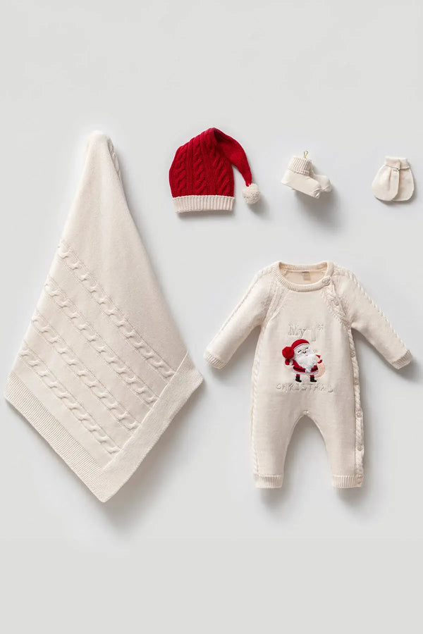 Baby Santa Christmas outfit set for newborns, 5 pieces, shown from angle 2, perfect for festive homecoming.