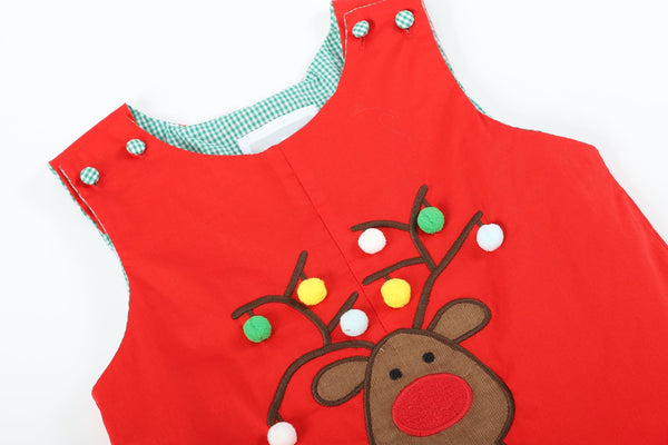 Christmas Plaid Reindeer Pompom Overalls