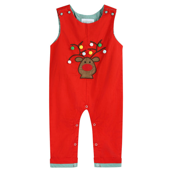 Christmas Plaid Reindeer Pompom Overalls