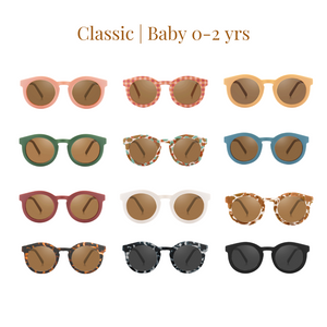 Classic sustainable baby sunglasses, plant-based, bendable, polarized, perfect for ages 0-2 years.