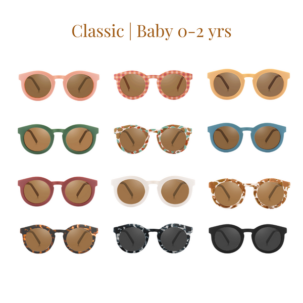 Classic sustainable baby sunglasses, plant-based, bendable, polarized, perfect for ages 0-2 years.
