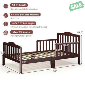 Classic Design Kids Wood Toddler Bed Frame with Two Side Safety Guardrails-Brown Brown Toddler Beds