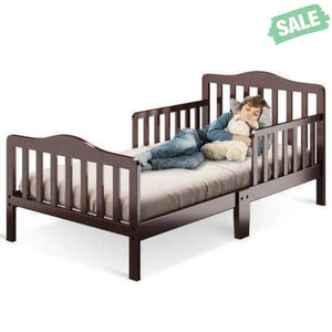 Classic Design Kids Wood Toddler Bed Frame with Two Side Safety Guardrails-Brown Brown Toddler Beds