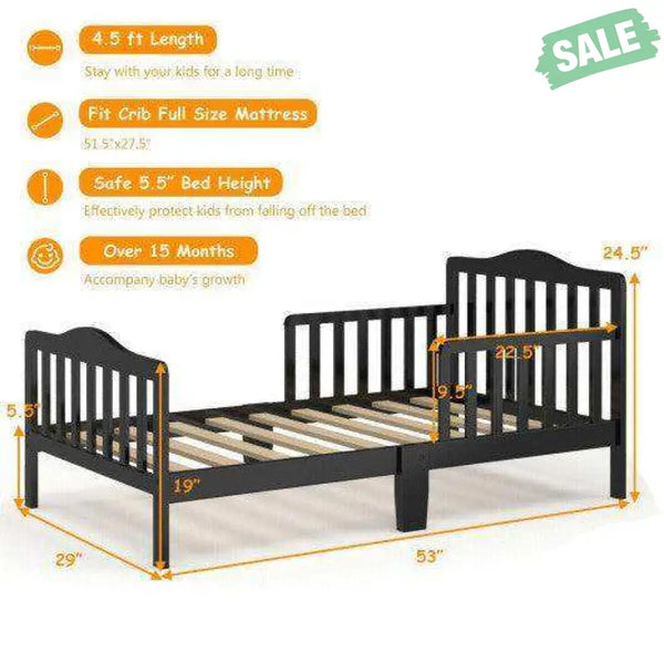 Classic Design Kids Wood Toddler Bed Frame with Two Side Safety Guardrails-Brown Brown Toddler Beds