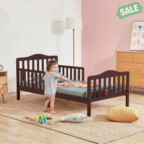 Classic Design Kids Wood Toddler Bed Frame with Two Side Safety Guardrails-Brown Brown Toddler Beds