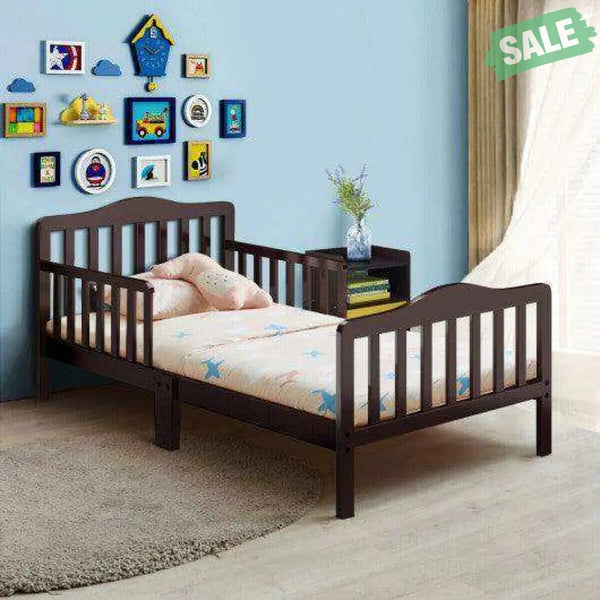 Classic Design Kids Wood Toddler Bed Frame with Two Side Safety Guardrails-Brown Brown Toddler Beds