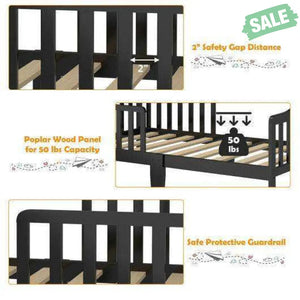 Classic Design Kids Wood Toddler Bed Frame with Two Side Safety Guardrails-Brown Brown Toddler Beds