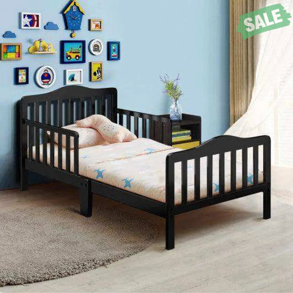 Classic Design Kids Wood Toddler Bed Frame with Two Side Safety Guardrails-Brown Brown Toddler Beds