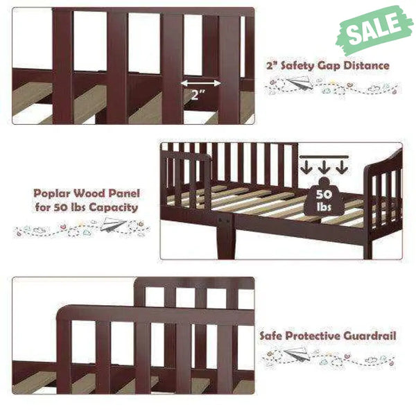 Classic Design Kids Wood Toddler Bed Frame with Two Side Safety Guardrails-Brown Brown Toddler Beds
