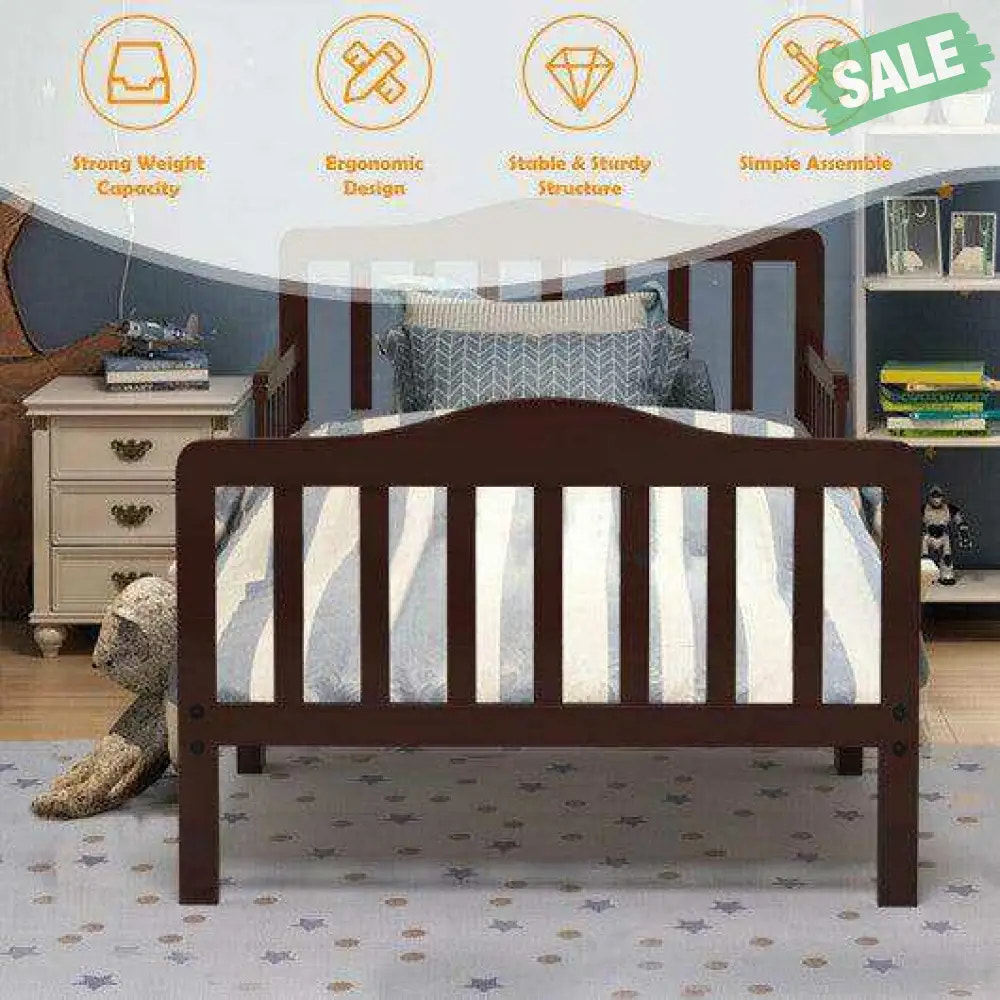 Classic Design Kids Wood Toddler Bed Frame with Two Side Safety Guardrails-Brown Brown Toddler Beds
