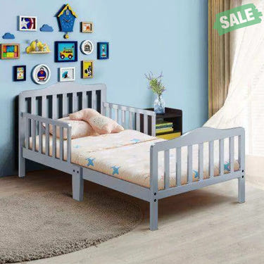 Classic Design Kids Wood Toddler Bed Frame with Two Side Safety Guardrailss-Gray