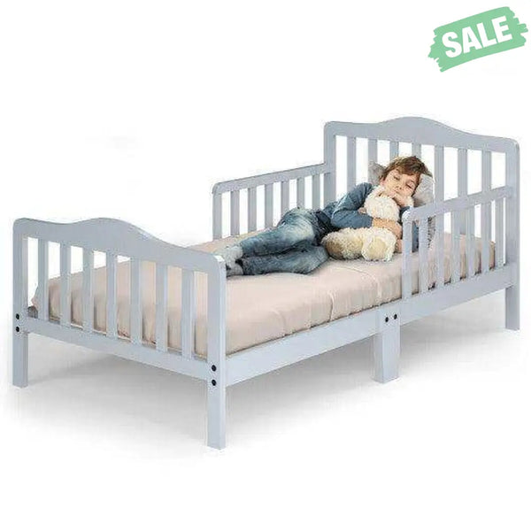 Classic Design Kids Wood Toddler Bed Frame with Two Side Safety Guardrailss-Gray