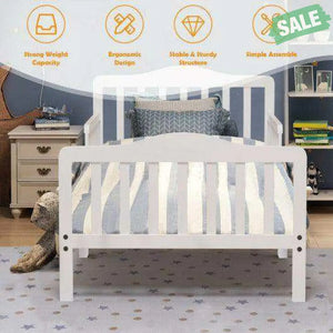 Classic Design Kids Wood Toddler Bed Frame with Two Side Safety Guardrails-White