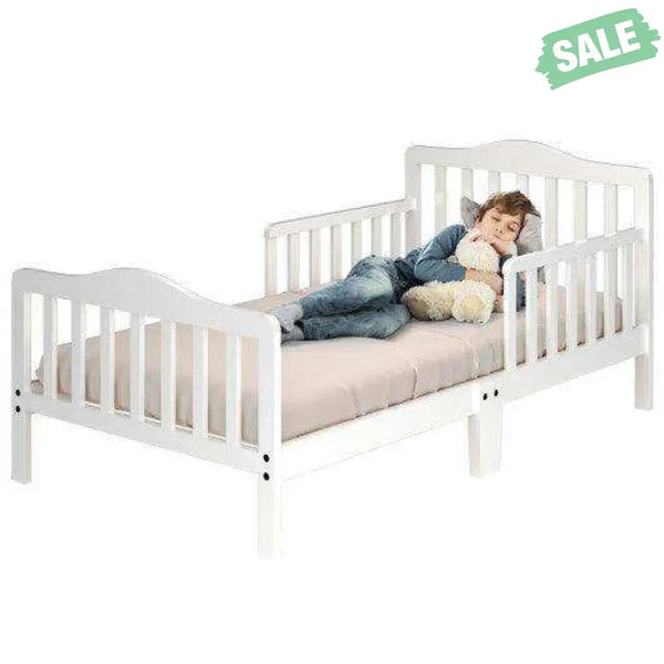 Classic Design Kids Wood Toddler Bed Frame with Two Side Safety Guardrails-White