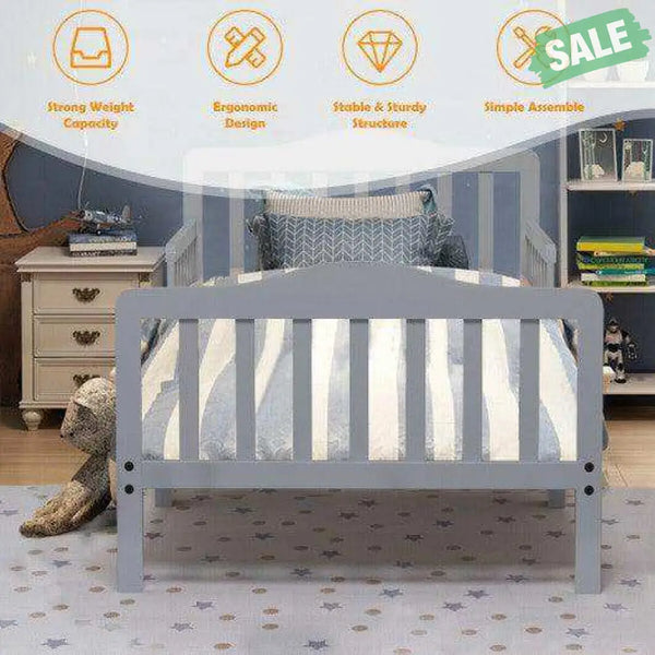 Classic Design Kids Wood Toddler Bed Frame with Two Side Safety Guardrailss-Gray