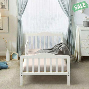 Classic Design Kids Wood Toddler Bed Frame with Two Side Safety Guardrails-White