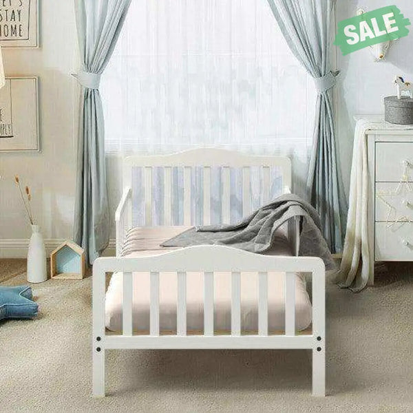 Classic Design Kids Wood Toddler Bed Frame with Two Side Safety Guardrails-White
