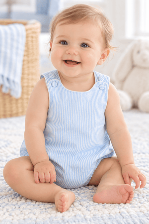 Lil Cactus Classic Light Blue Seersucker Bubble Romper