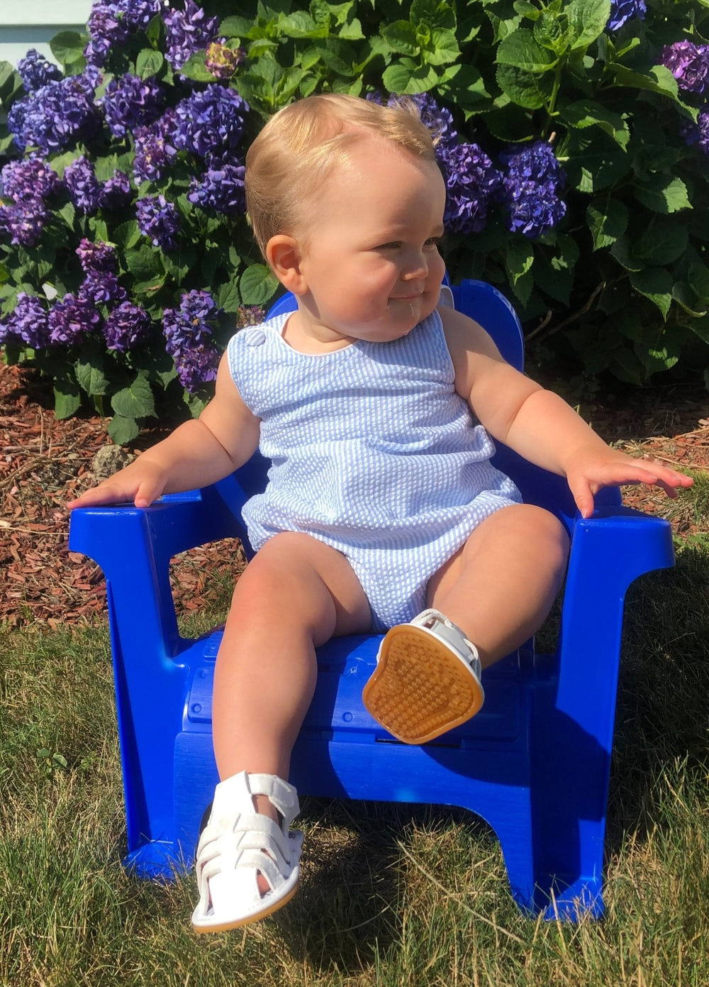 Classic Light Blue Seersucker Bubble Romper - MOOGCO Baby