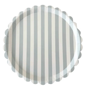 Classic Striped Sea Foam Blue & White Scalloped Plates, 12pcs