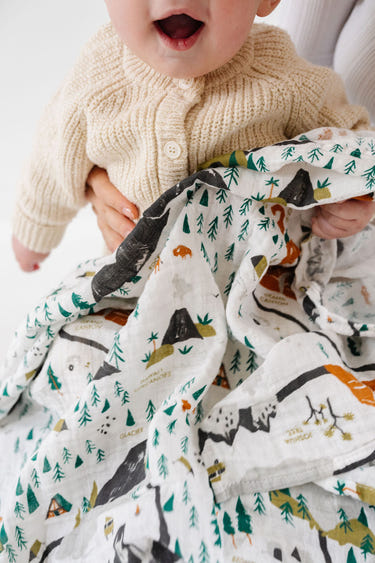 National Parks Swaddle in mini pattern for babies, perfect for cozy and stylish wrapping.