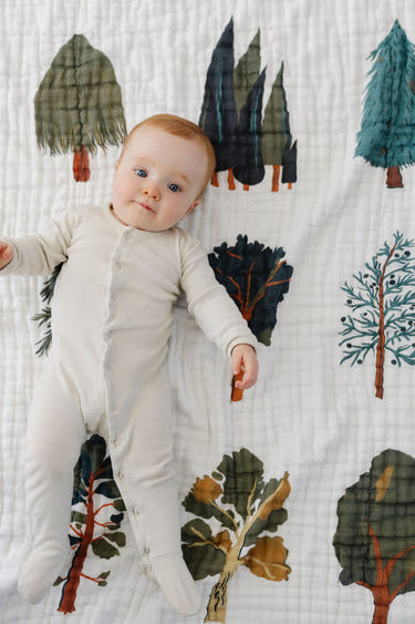 Cozy Forest Trees Quilt for babies, featuring a charming woodland design in soft, soothing colors.