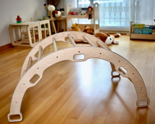 2 Size Montessori Baby Play Climber Set Wooden Climbing Arch Rocker & Ramp & Pillow