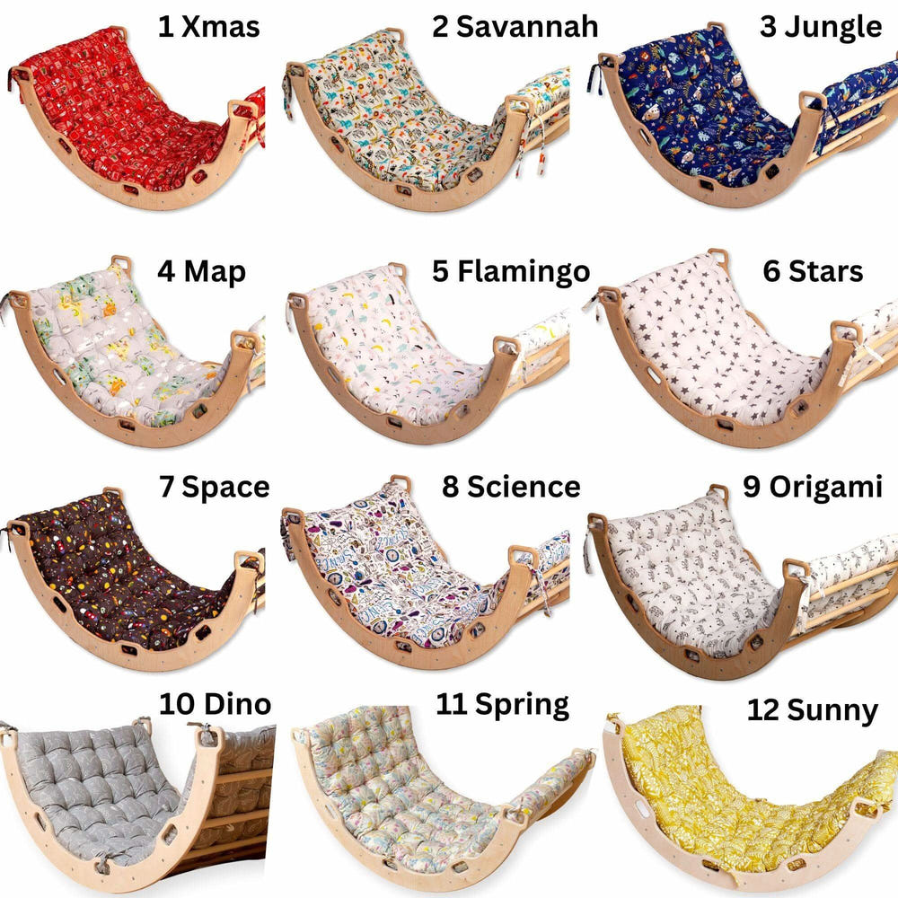 Large Montessori climbing arch and rocker set with pillows for kids' play and development.