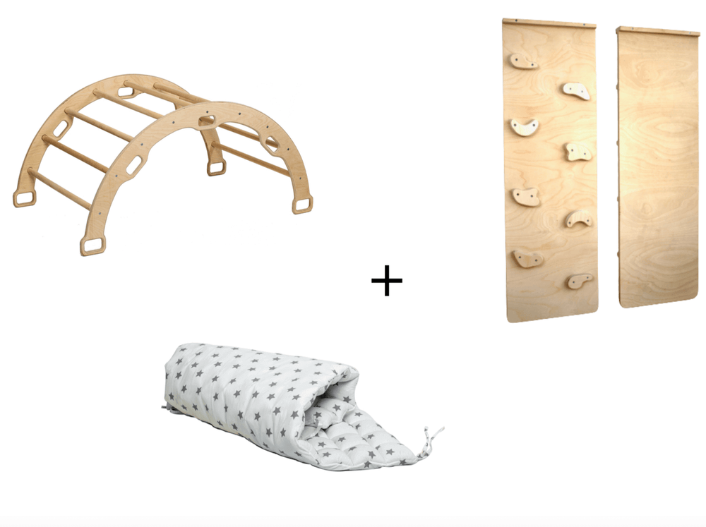 Climbing Arch with Rockwall Ramp and Star Pillow Set | Montessori Toys for active play and development.