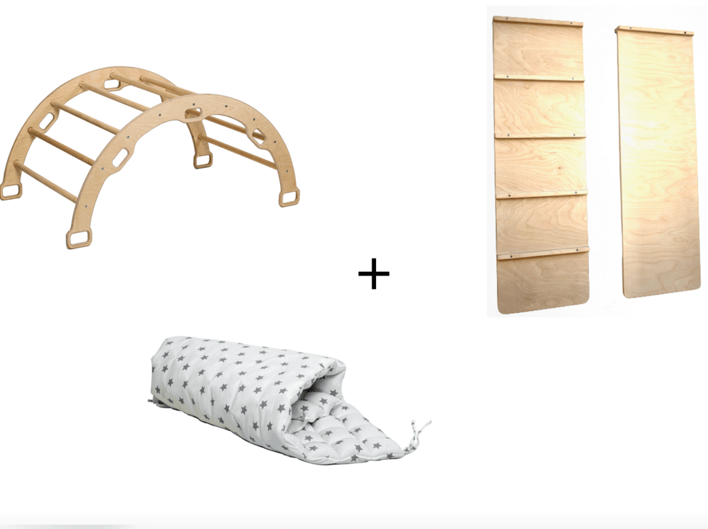 Wooden climbing arch with ladder ramp and star pillow set for babies, perfect for active play and development.