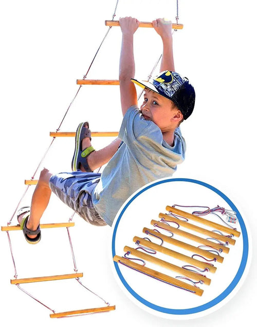 Kids climbing rope ladder for ages 3-9, designed for fun and safe outdoor play.