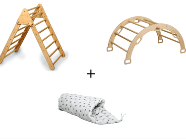 Foldable Montessori climbing triangle with rocker and star pillow for baby activity gym set.