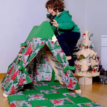 Climbing triangle play set with Christmas tent cover, mat, and ramp for Montessori-inspired fun.