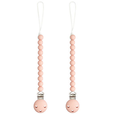 Pink blush pacifier clips, 2 pack, perfect for keeping pacifiers clean and accessible for your baby.
