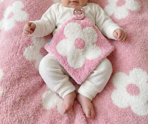 Pink Daisy Plush Lovey for babies, soft and cuddly, perfect for comfort and companionship. Angle 2 view.
