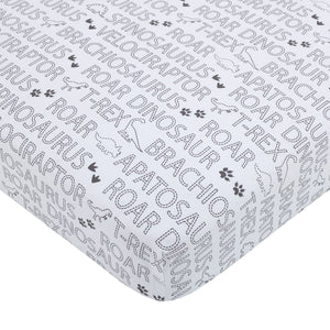Baby-Saurus Gray, White, and Green Triceratops,  Brontosaurus, and Tyrannosaurus Dinosaurs with Mountains and Leaves 4 Piece Nursery Crib Bedding Set - Comforter, 100% Cotton Fitted Crib Sheet, Crib Skirt, and Storage