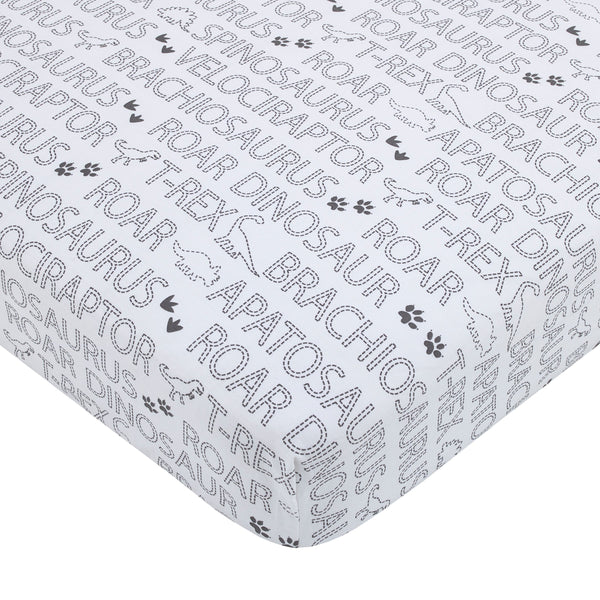 Baby-Saurus Gray, White, and Green Triceratops,  Brontosaurus, and Tyrannosaurus Dinosaurs with Mountains and Leaves 4 Piece Nursery Crib Bedding Set - Comforter, 100% Cotton Fitted Crib Sheet, Crib Skirt, and Storage