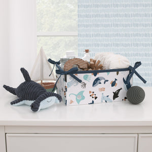 Explore Dream Discover Light Blue, Navy, Gray and Coral Ocean 4 Piece Nursery Crib Bedding Set - Comforter, 100% Cotton Fitted Crib Sheet, Crib Skirt and Nursery Organizer