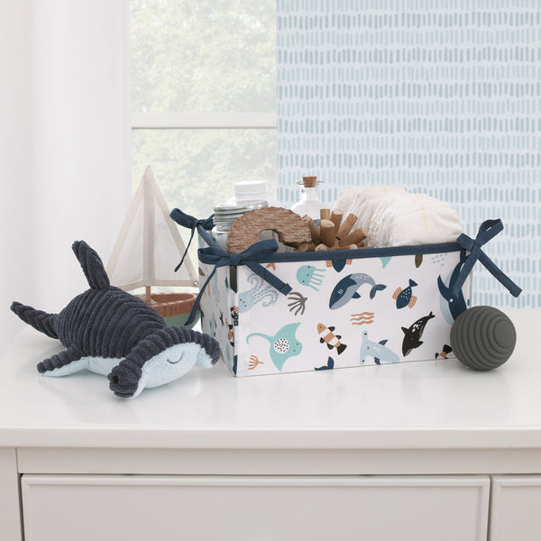 Explore Dream Discover Light Blue, Navy, Gray and Coral Ocean 4 Piece Nursery Crib Bedding Set - Comforter, 100% Cotton Fitted Crib Sheet, Crib Skirt and Nursery Organizer