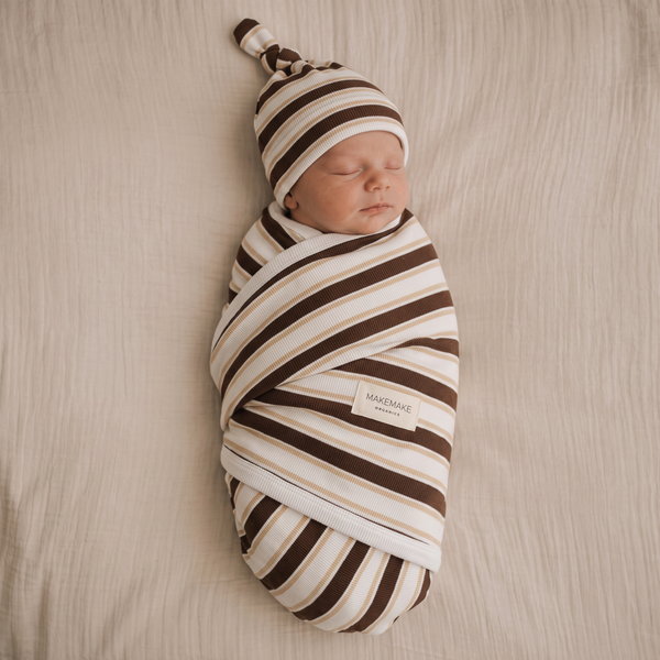 Organic Swaddle Blanket & Hat Set - Cocoa Stripe
