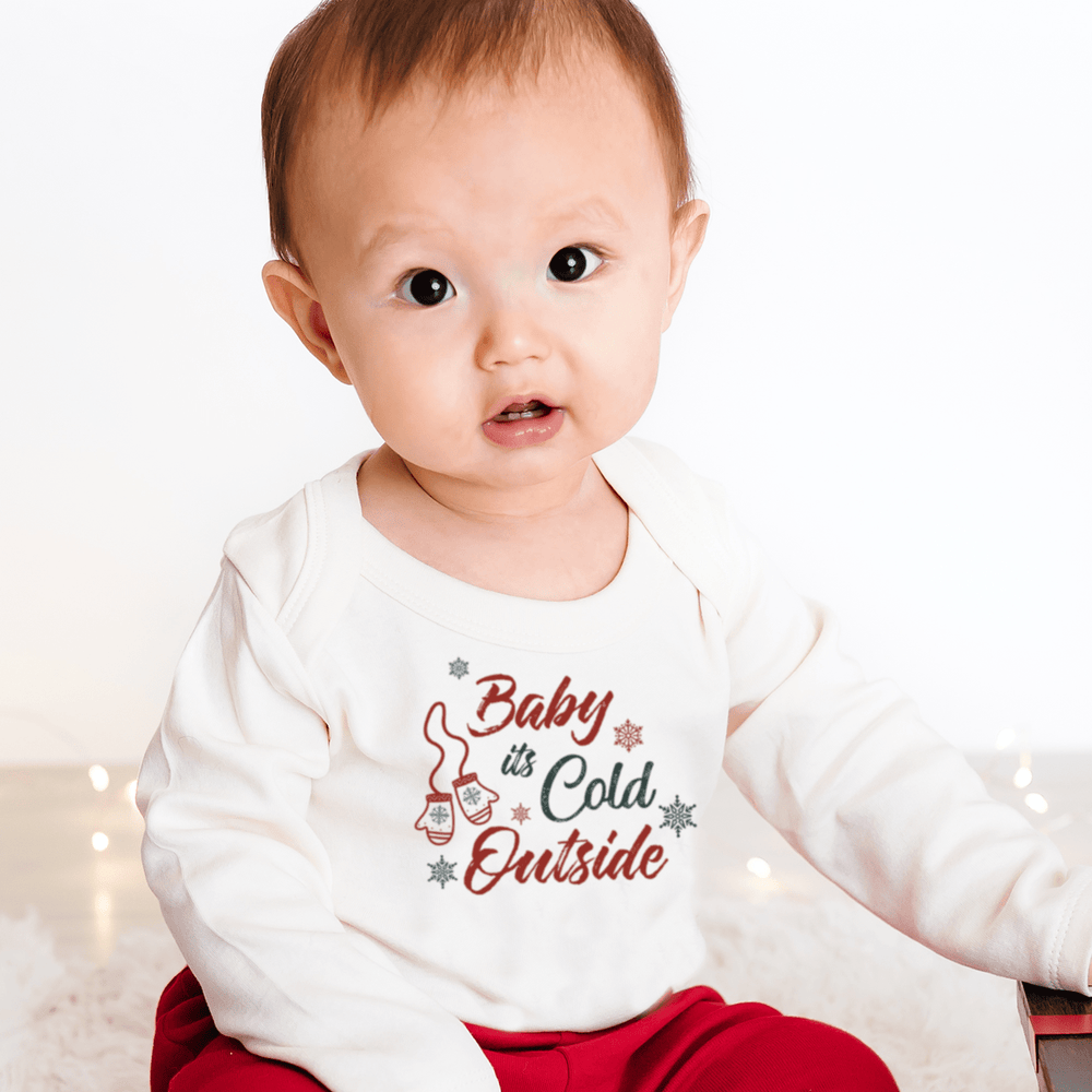 Long sleeve graphic bodysuit for babies: "Baby It's Cold Outside" design, perfect for chilly weather.