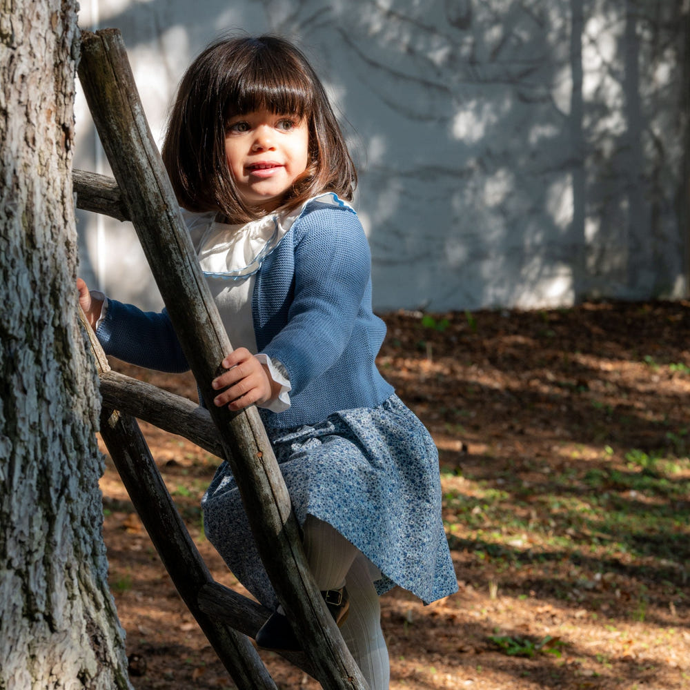 Girls blue knitted cotton cardigan by COLETTE for babies and toddlers. Perfect for stylish warmth.