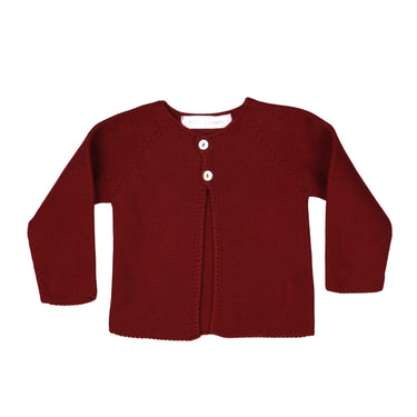 Girls burgundy knitted cotton cardigan by COLETTE for babies and toddlers. Cozy and stylish outerwear option.
