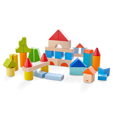 Colored wooden building blocks set - 46 pieces for creative play and architectural fun for babies and toddlers.