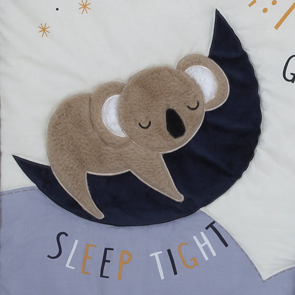 Goodnight Sleep Tight White and Blue Koala, Sloth, Bear, Star, and Moon 4 Piece Nursery Crib Bedding Set - Comforter, 100% Cotton Fitted Crib Sheet, Crib Skirt, and Storage