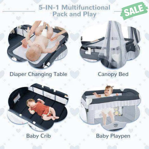 Convertible Bassinet with Removable Changing Table and Detachable Mesh Net-Grey