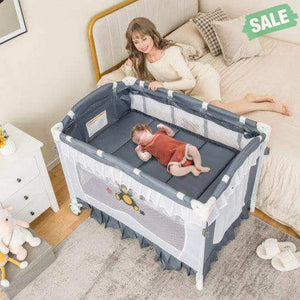 Convertible Bassinet with Removable Changing Table and Detachable Mesh Net-Grey