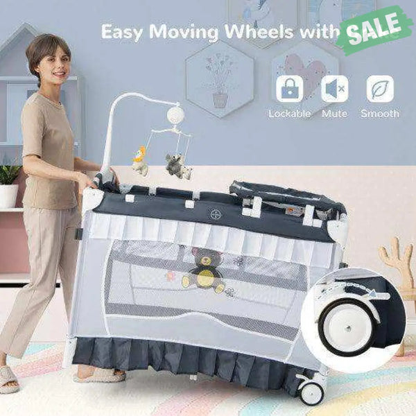 Convertible Bassinet with Removable Changing Table and Detachable Mesh Net-Grey